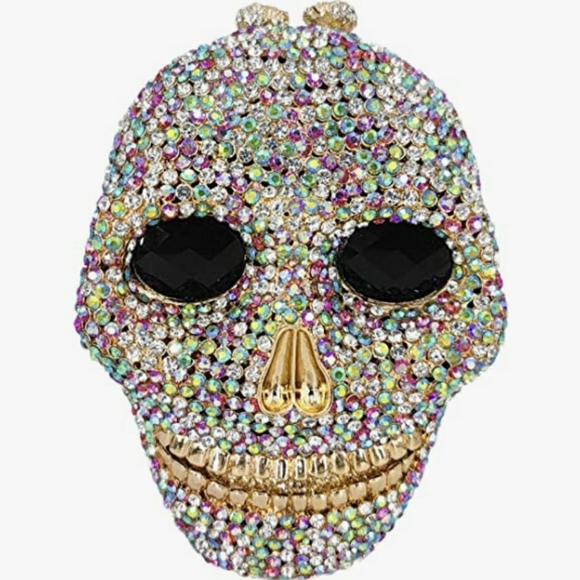 NWT Sparkling Bling Crystal Rhinestone Skull Clutch Purse Silver Gold +G… - Picture 8 of 11
